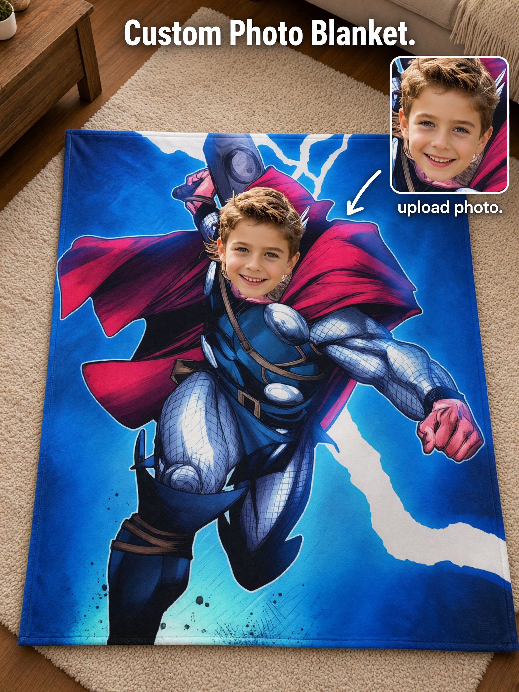 Custom Face Superhero Fleece Blanket Personalized Photo Lightning Throw Ideal Warm Gift for Kids and Bed Couch