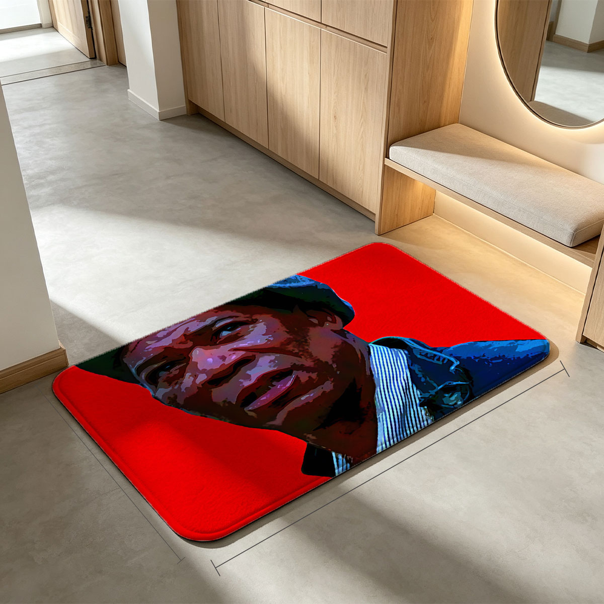 Morgan Freeman in a blue cap and jacket against a red background - Flannel floor mat