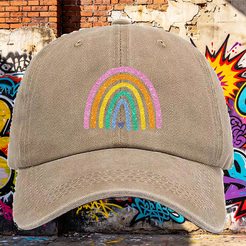Men's Printed Washed Cap with Glitter Rainbow Heart Design - Casual Round Brim Summer Lightweight Cotton Hat for Outdoor Activities, Beach, Travel - Ideal for Young Adults and Trendy Men