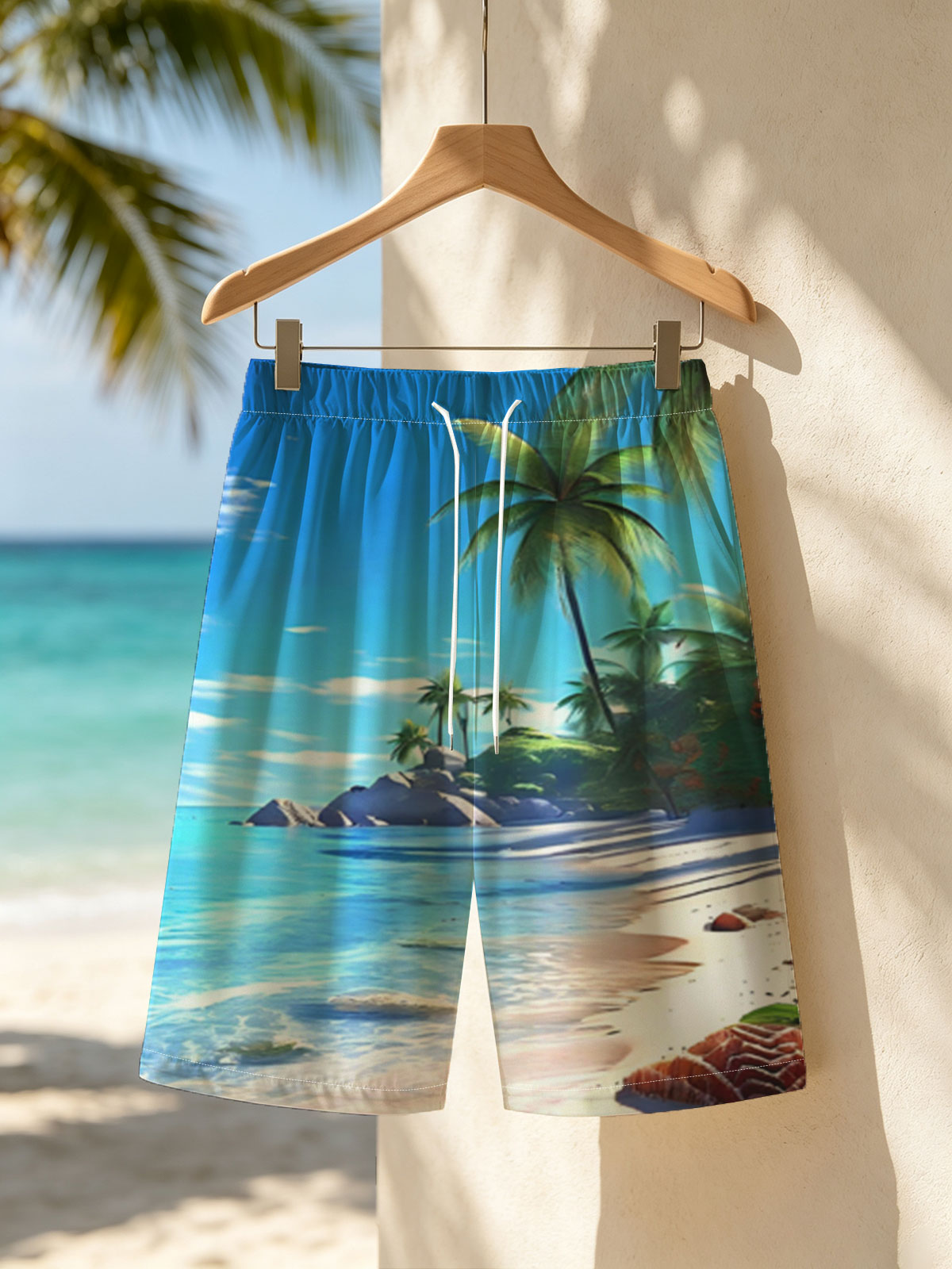 Tropical Beach with Palm Trees and Crystal Clear Water -  Beach shorts