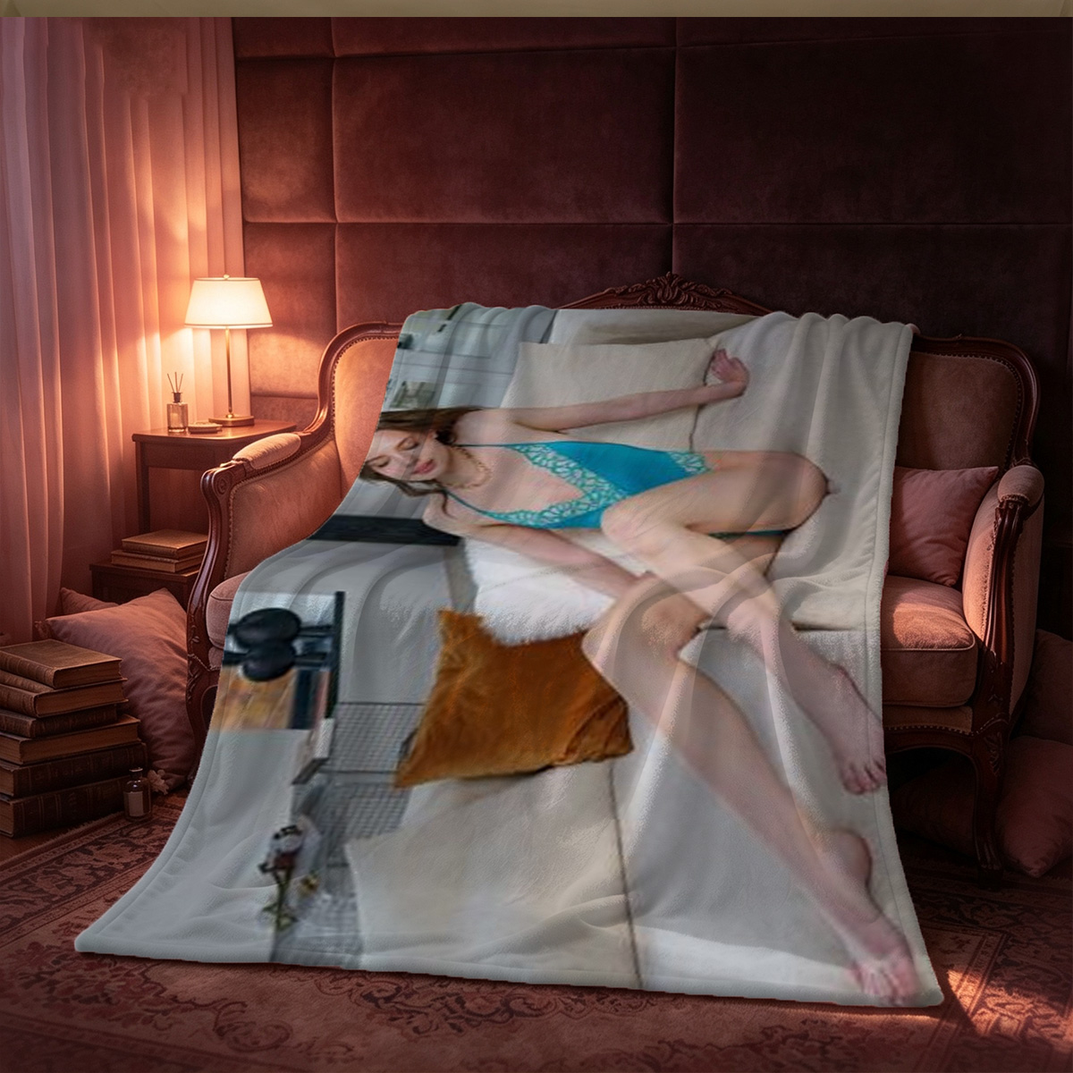 Young woman in white lingerie posing on orange sofa - Blanket