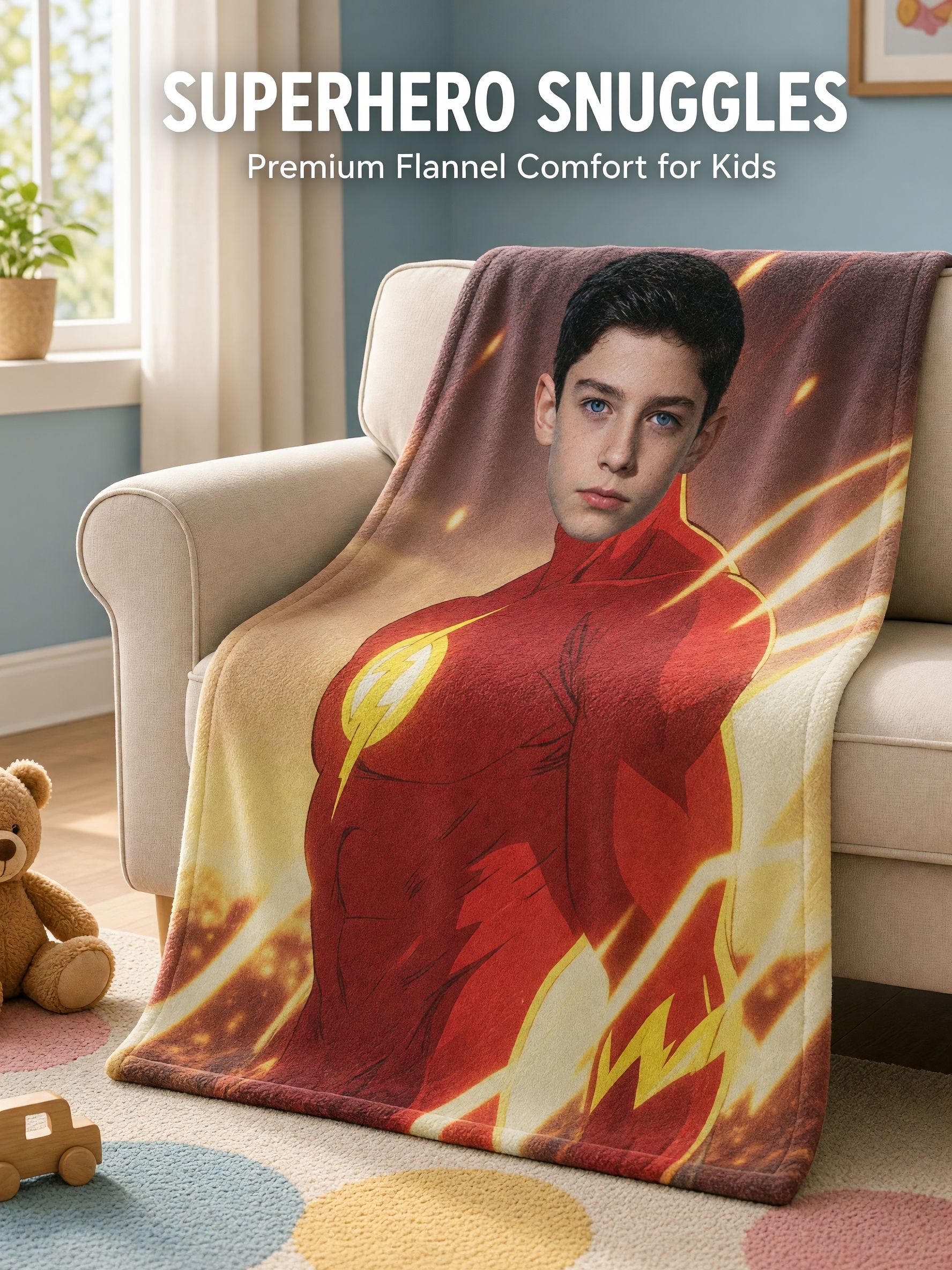 Custom Superhero Face Photo Blanket, Personalized Flannel Fleece Throw, Ultra Soft Cozy Bedding Gift for All Ages