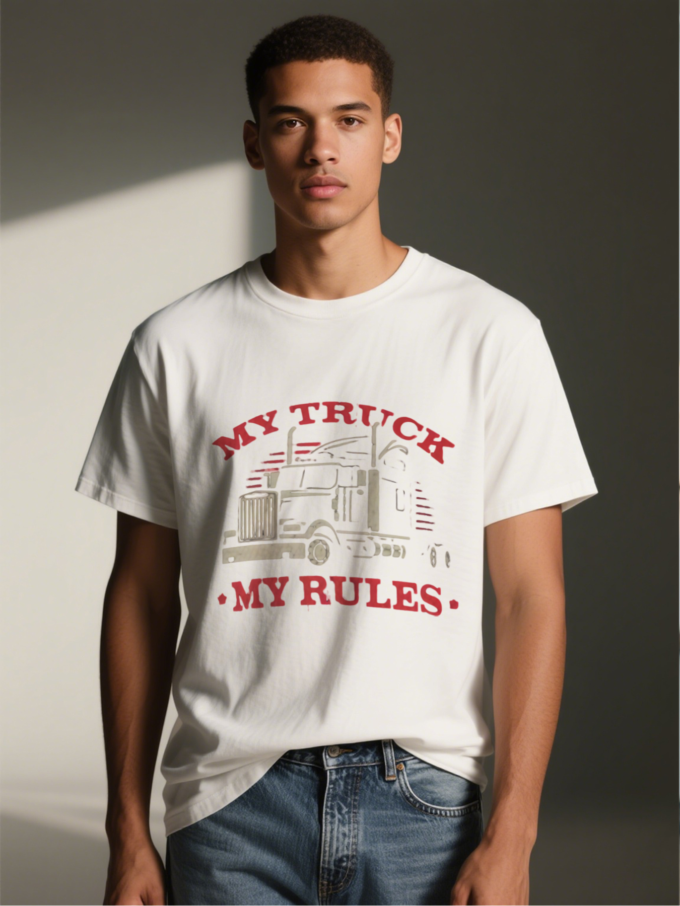 Men's Printed T-Shirt My Truck My Rules Graphic Semi-Truck Design Casual Round Neck Summer Lightweight Breathable Short Sleeve T-Shirt for Truck Drivers and Automotive Enthusiasts