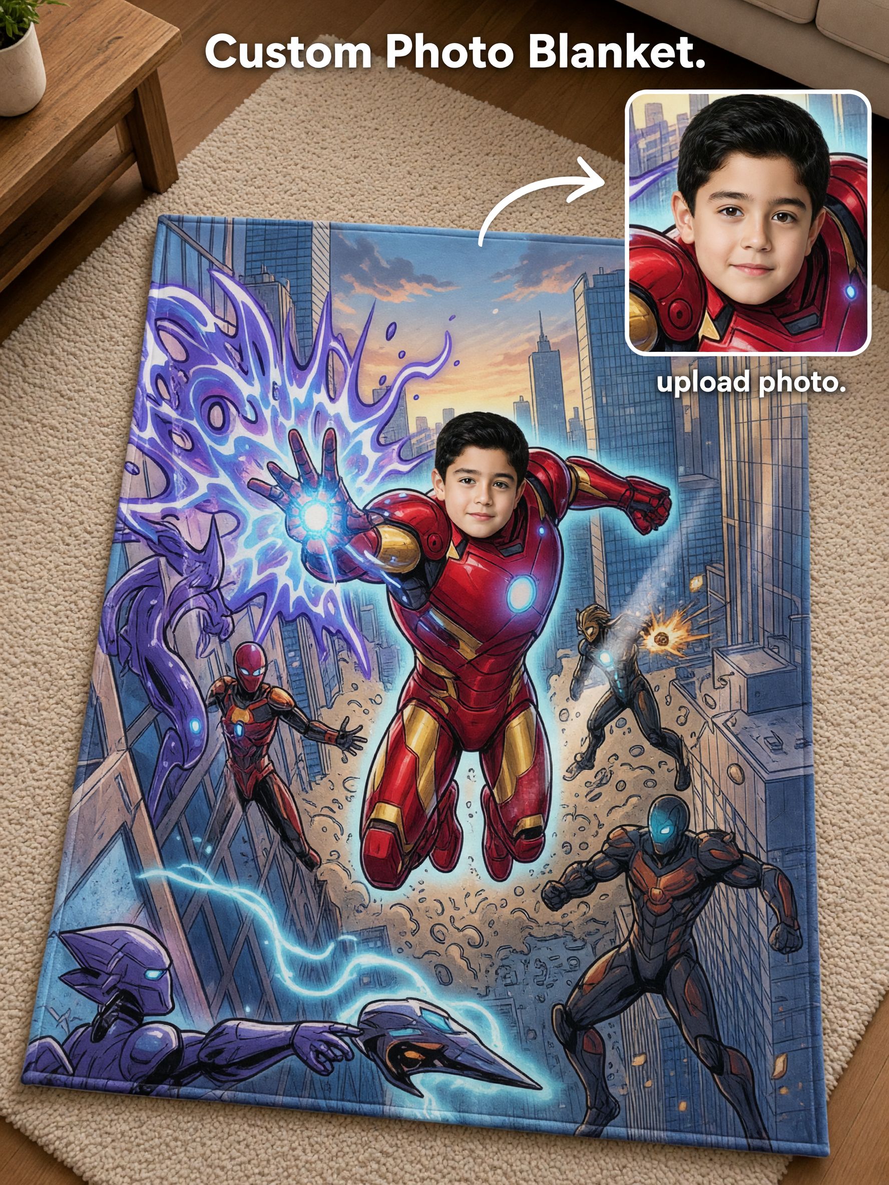 Custom Face Superhero Blanket Personalized Photo Flannel Throw, Soft Cozy Armored Hero Bedding Gift for Boys