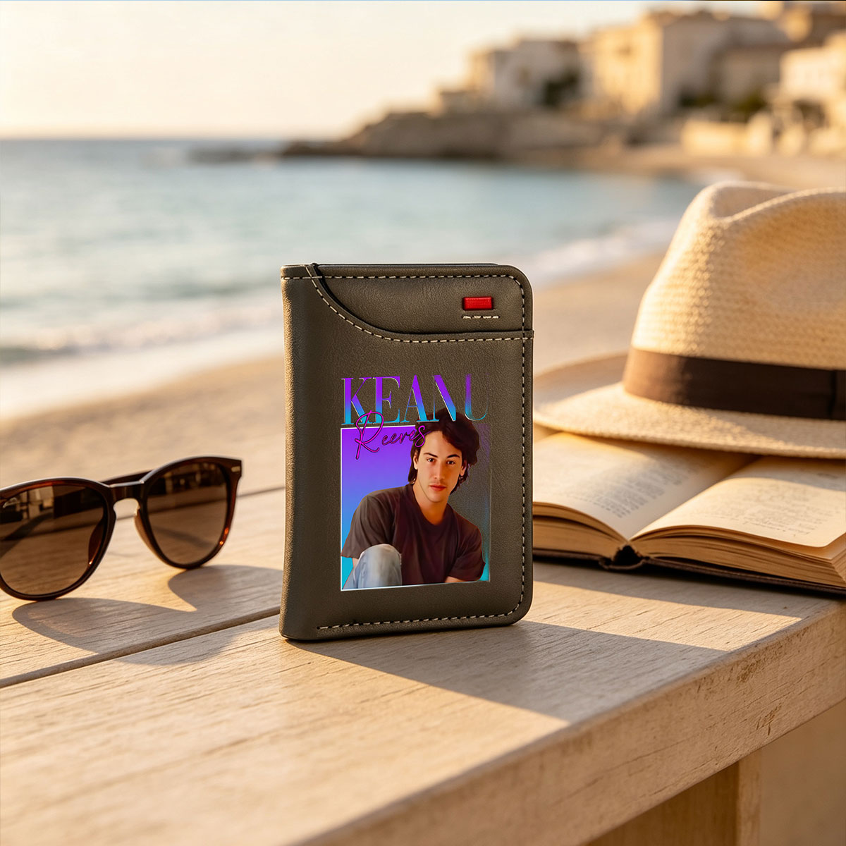 Keanu Reeves Portrait with Vibrant Background and Stylish Text Design - Vertical Style Wallet