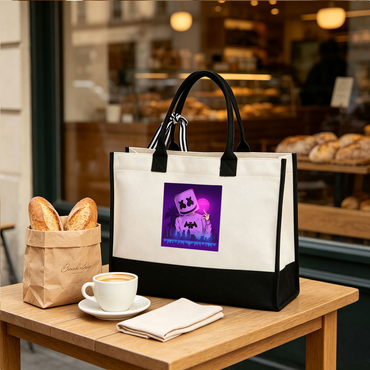 Marshmello in a vibrant neon cityscape, wearing a pink hoodie with a bat logo, making a peace sign against a purple sunset. - Canvas patchwork gift tote bag