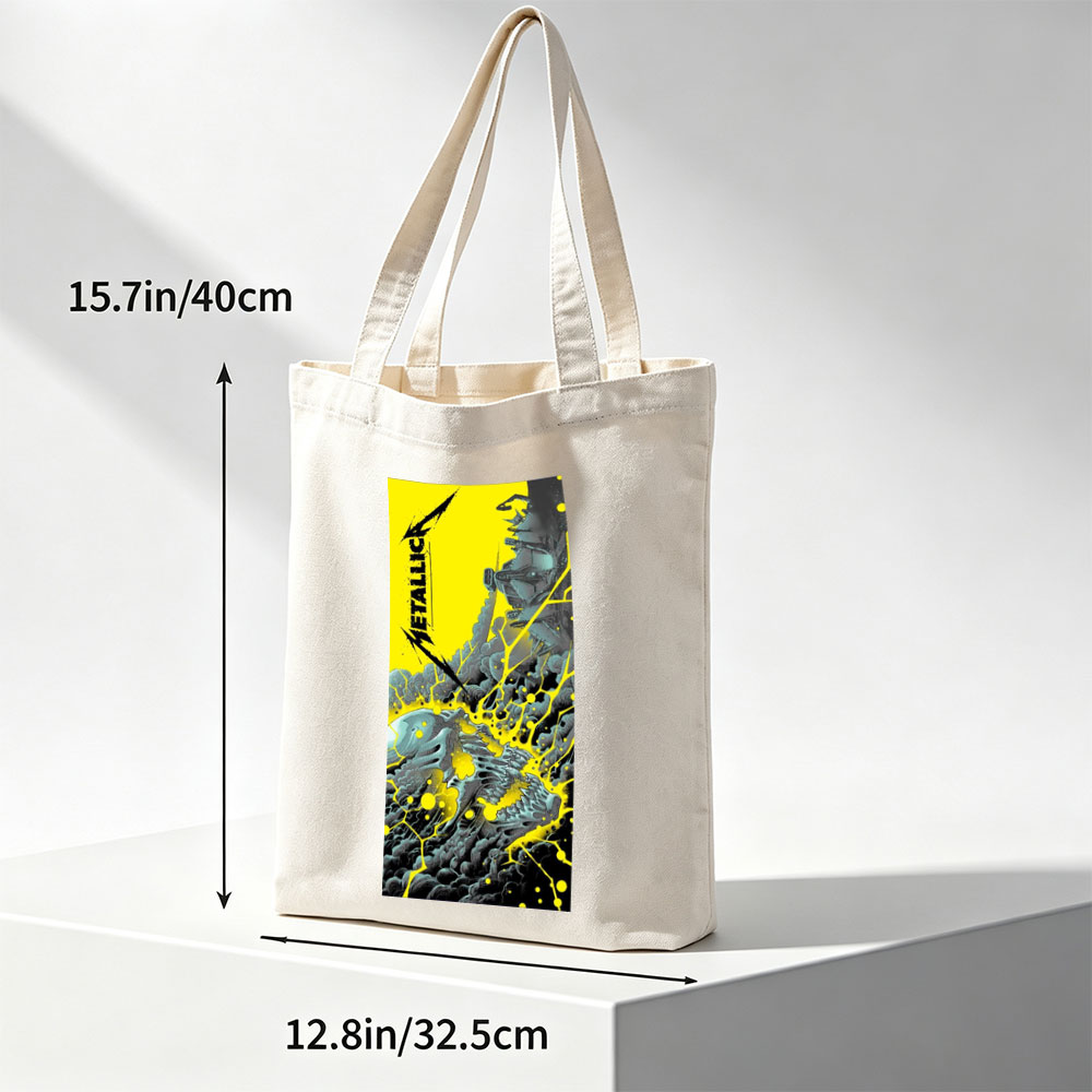 Metallica Band in Explosive Comic-Style Scene with Electric Yellow and Black Mechanical Chaos - Canvas tote bags