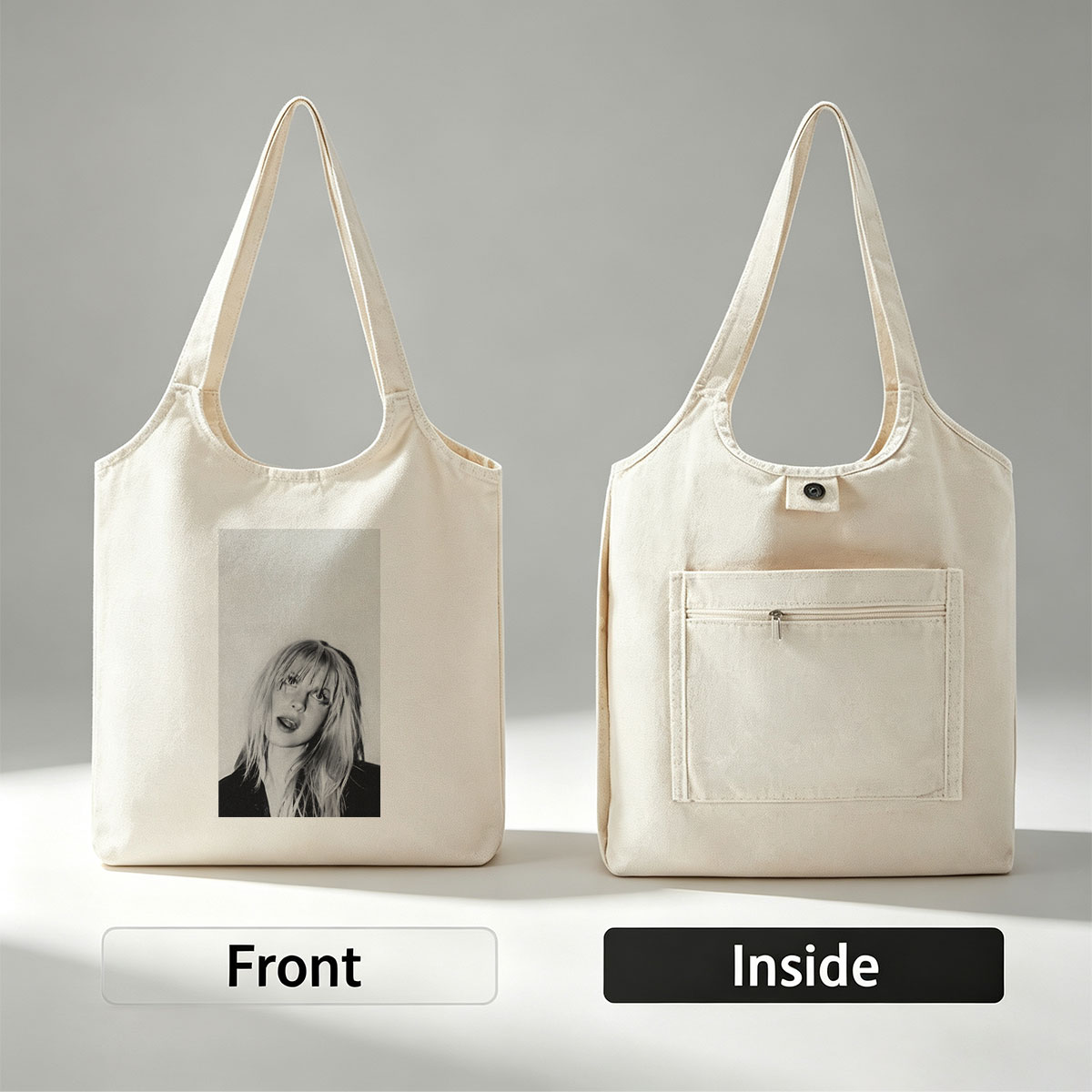 Bebe Rexha in a striking black and white portrait with tousled blonde hair and bold expression - Canvas shoulder bags/