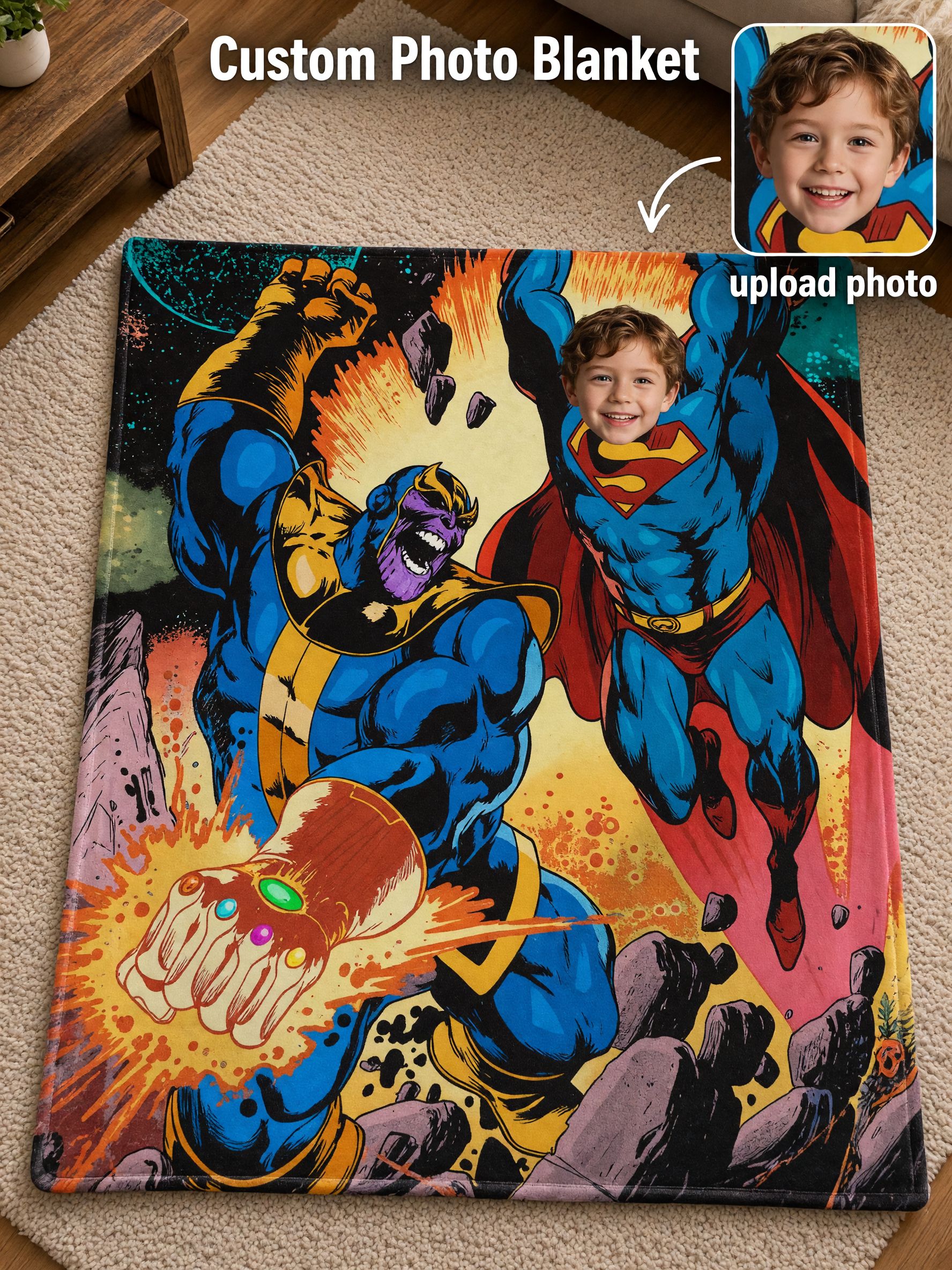 Custom Face Photo Superhero Flannel Blanket, Personalized Soft Comic Throw for Bed and Sofa, Cozy Keepsake Gift