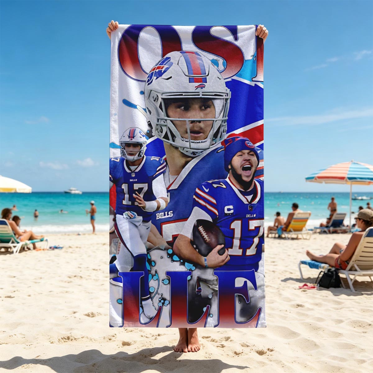 Josh Allen, Buffalo Bills QB, in Action and Celebration Moments - Beach towels