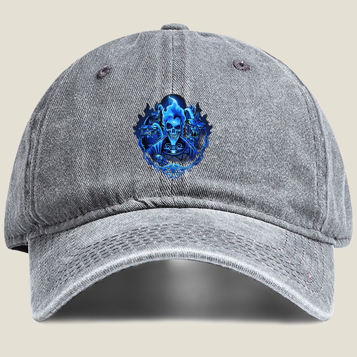 Blue Flame Skull with Demonic Creatures - Washed Denim - Baseball Cap