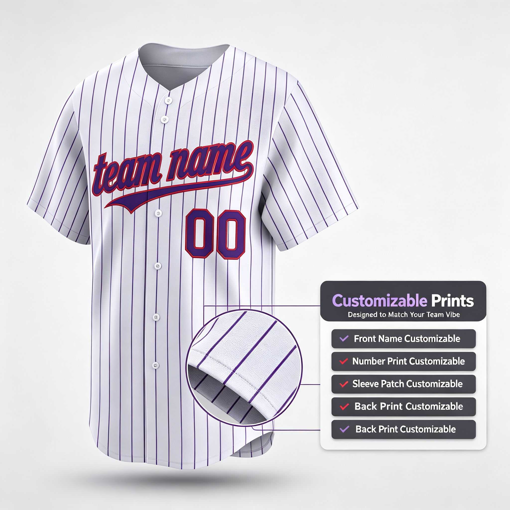 Custom Printed Colorado Mountain Style Baseball Jersey White Purple Pinstripe Button Down Shirt for Men and Women