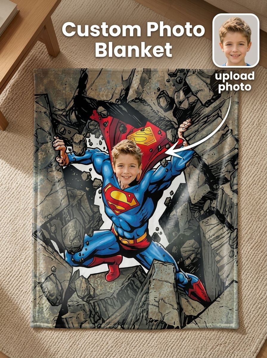 Custom Superhero Photo Face Blanket Ultra Soft Anti Pilling Flannel Throw Personalized Bed and Couch Keepsake Gift