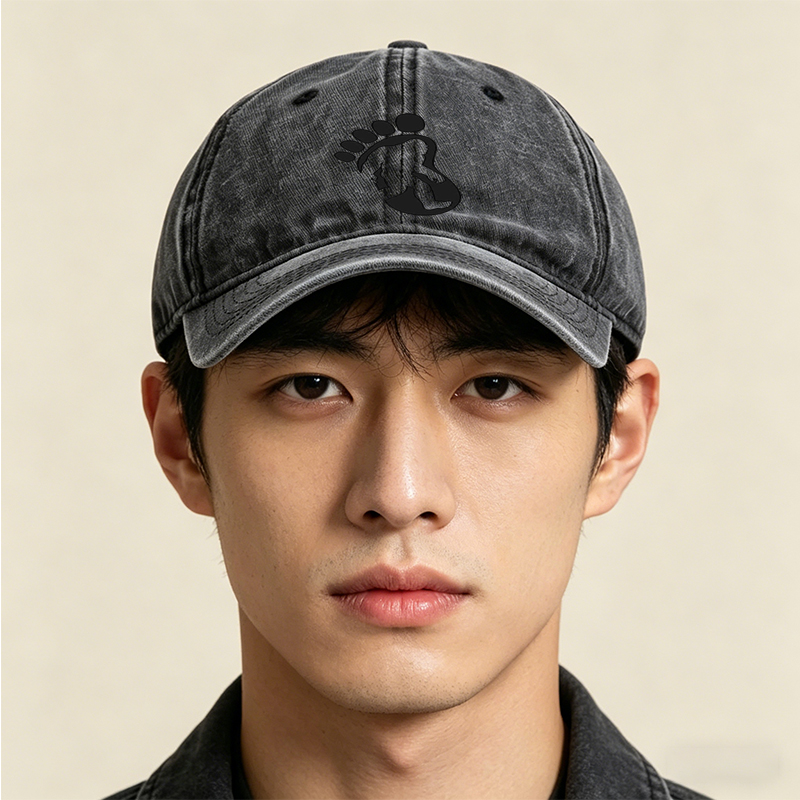 Unisex Classic Washed Cap with Bigfoot Silhouette Print - Outdoor Adventure Hat for Hiking, Camping, and Nature Enthusiasts