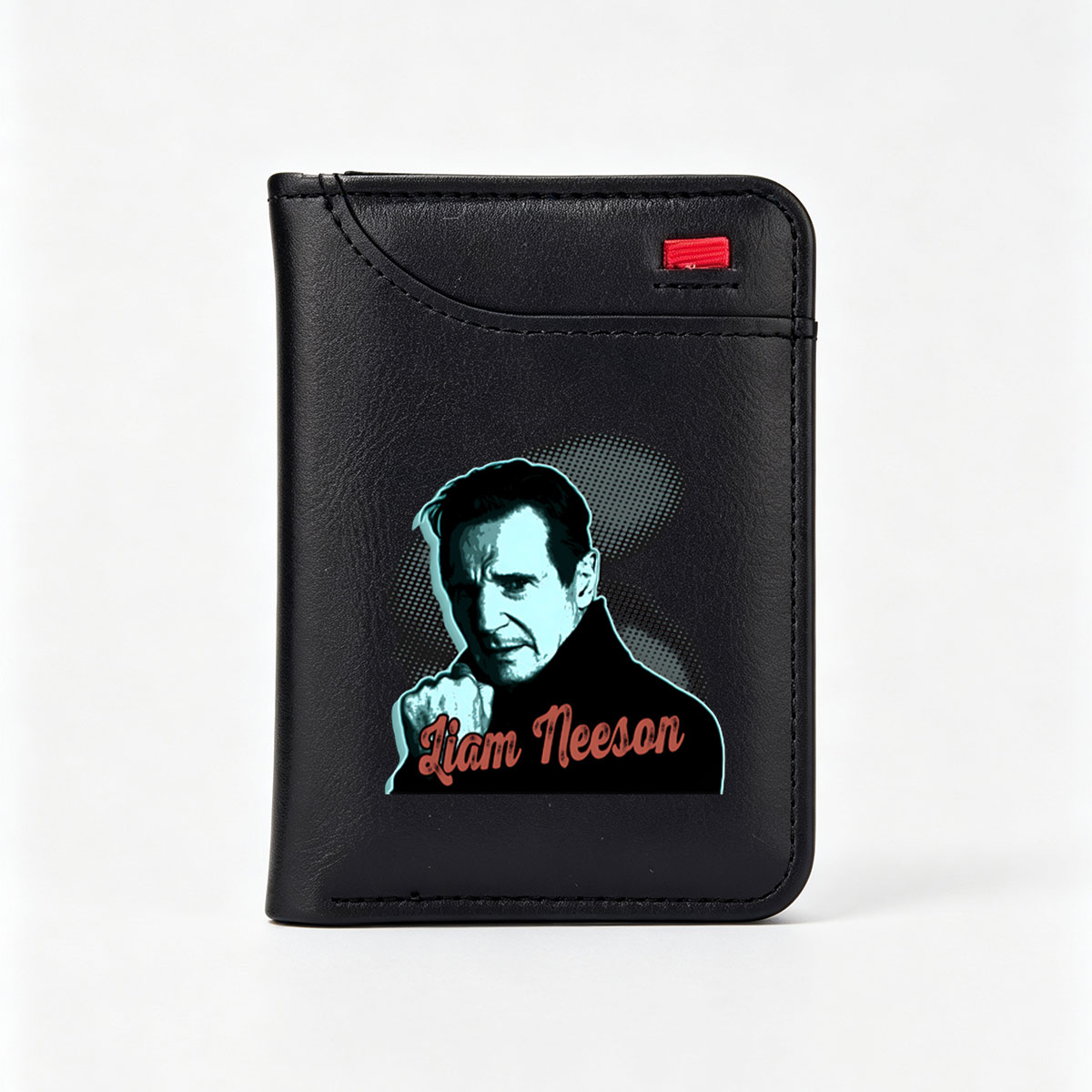 Liam Neeson in a dramatic pose with bold text and graphic design elements - Vertical Style Wallet