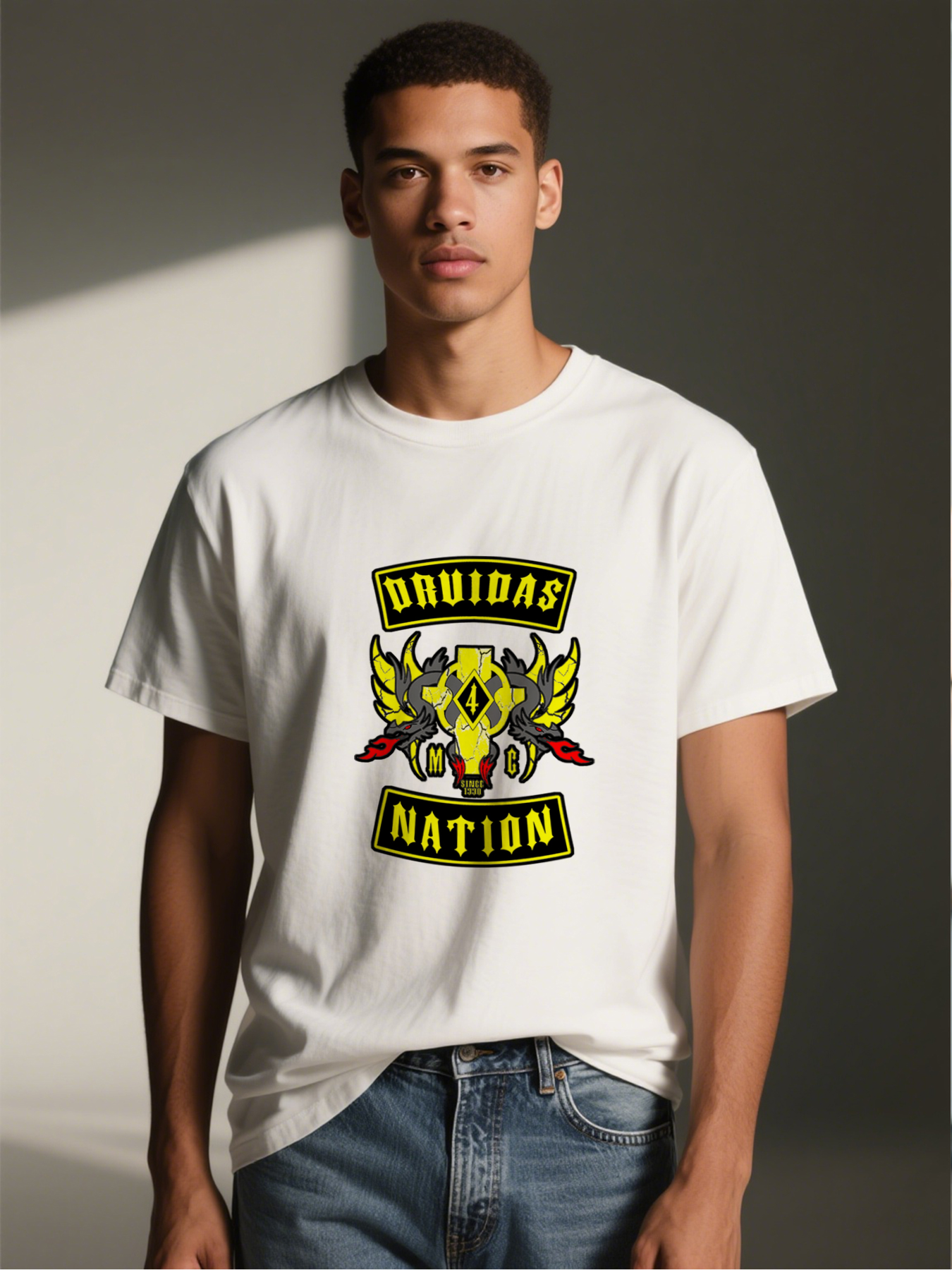 Men's Printed T-Shirt with Druidas Nation Logo and Dragon Wings Design, Casual Round Neck Summer Lightweight Breathable Short Sleeve T-Shirt for Biker Enthusiasts and Streetwear Fans