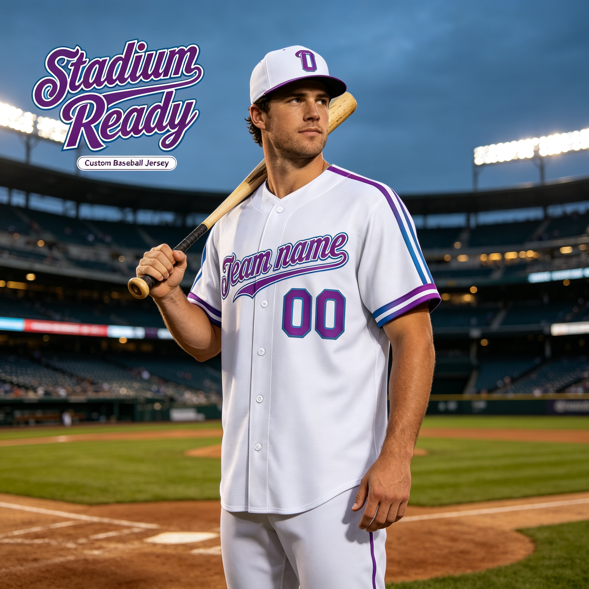 Custom Printed Kansas City Crown Letter Style Baseball Jersey White Gradient Blue Purple Button Down Shirt for Men and Women