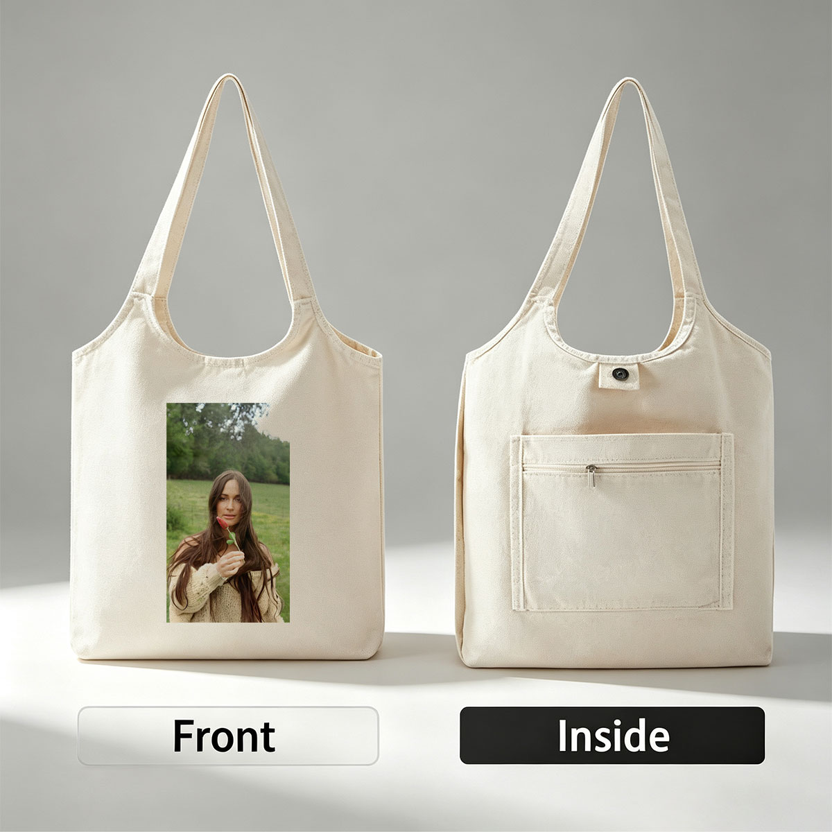 Lily-Rose Depp in a Serene Field Holding a Red Flower - Canvas shoulder bags/