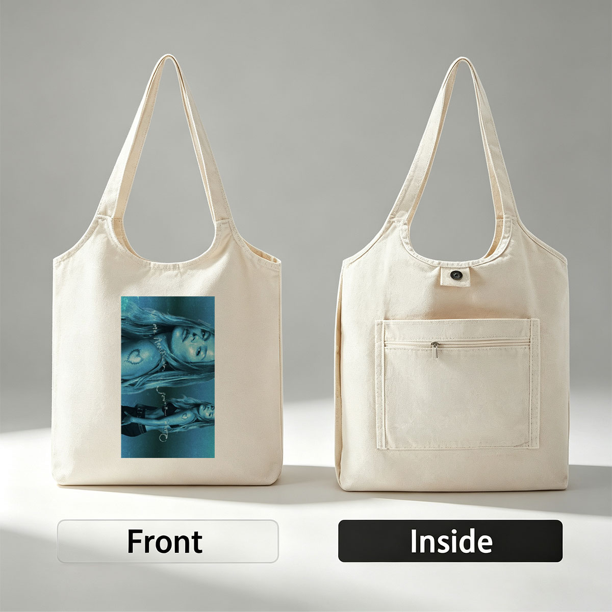 Lana Del Rey Underwater Scene - Ethereal Blue Portrait with Heart Tattoo and Flowing Hair - Canvas shoulder bags/