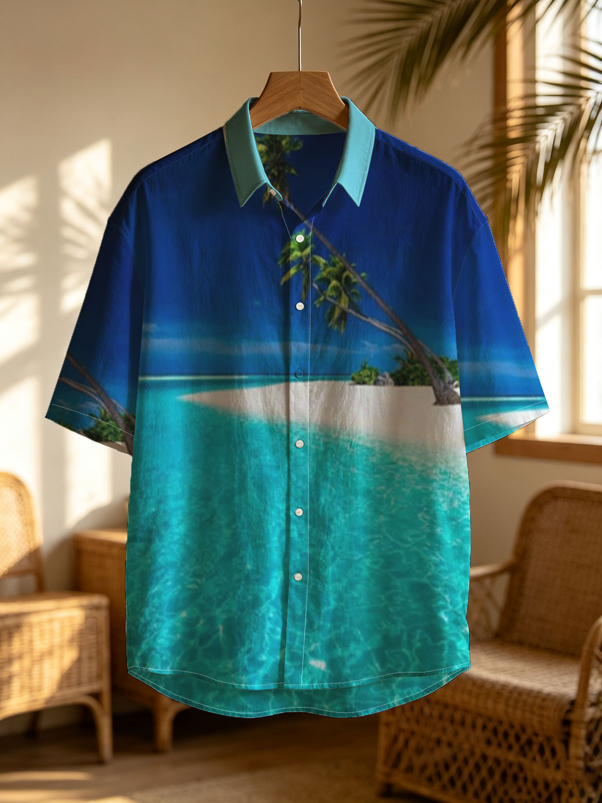 Serene tropical beach with crystal clear turquoise water and leaning palm trees under a vibrant blue sky. -  Shirt