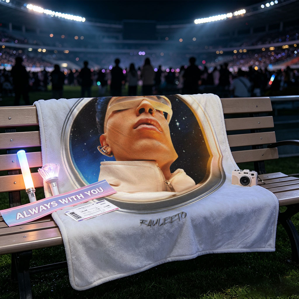 Rauw Alejandro in Space Through a Circular Window with Starry Background and Futuristic Look - Blankets