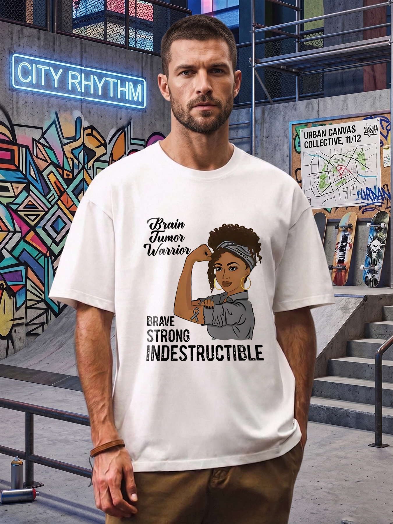 Men's Printed T-Shirt Strong Woman with Gray Ribbon Design Casual Round Neck Summer Lightweight Breathable Short Sleeve T-Shirt for Everyday Wear and Awareness Support Adults