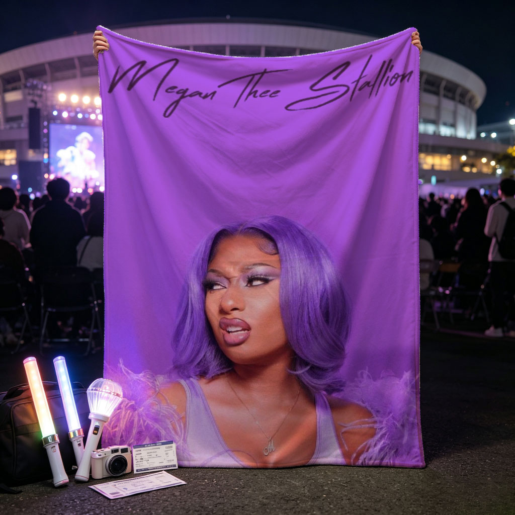 Megan Thee Stallion in Purple Feathered Outfit Against Vibrant Purple Background - Blankets
