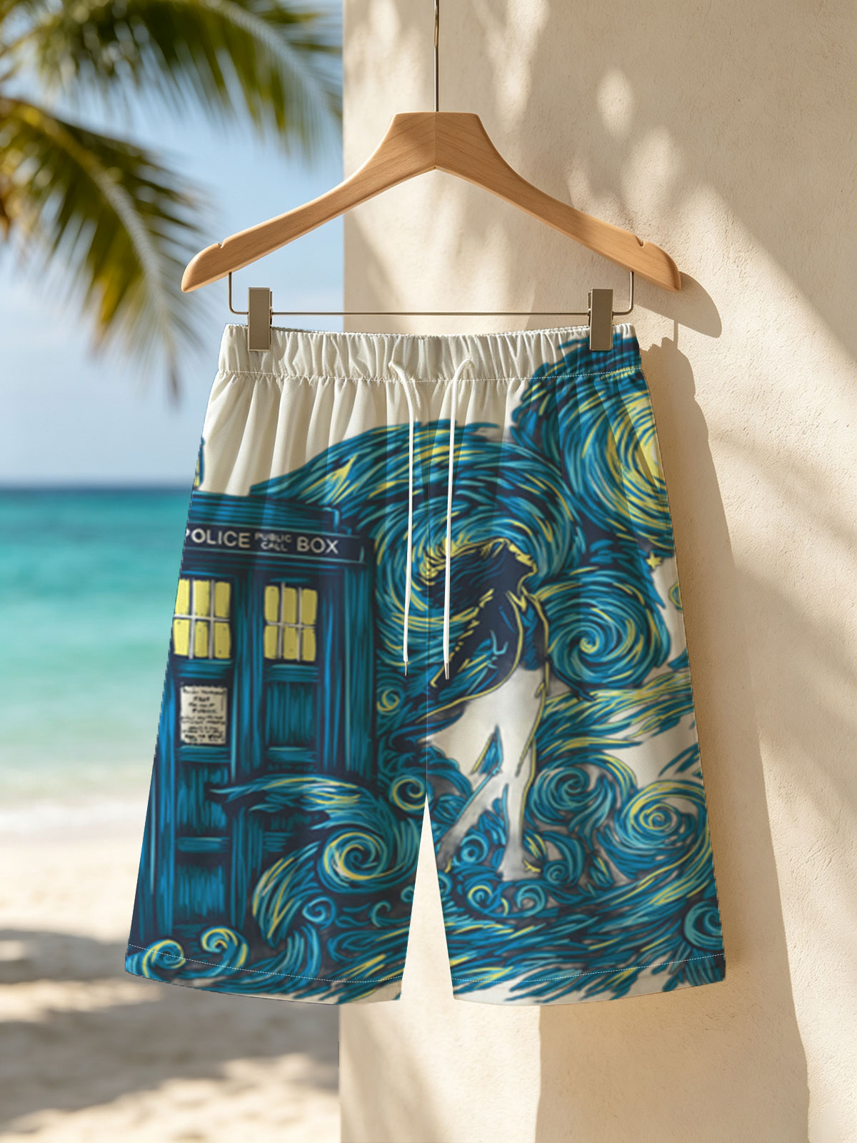 Doctor Who TARDIS in Starry Night Style with Silhouette Figure -  Beach shorts