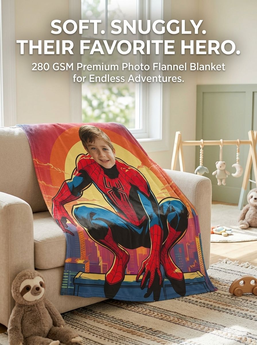 Custom Face Superhero Flannel Fleece Blanket Personalized Photo Throw for Kids Adults Cozy Home Couch Bed Gift