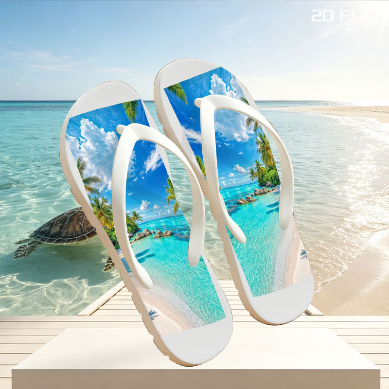 Tropical Beach with Crystal Clear Water and Palm Trees -  flip-flops