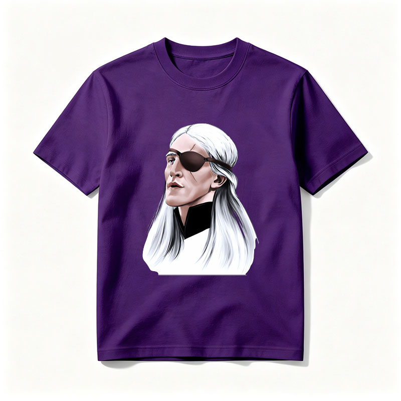 White-Haired Man with Eye Patch, Long Hair, Dark Clothing, Profile View - Tee
