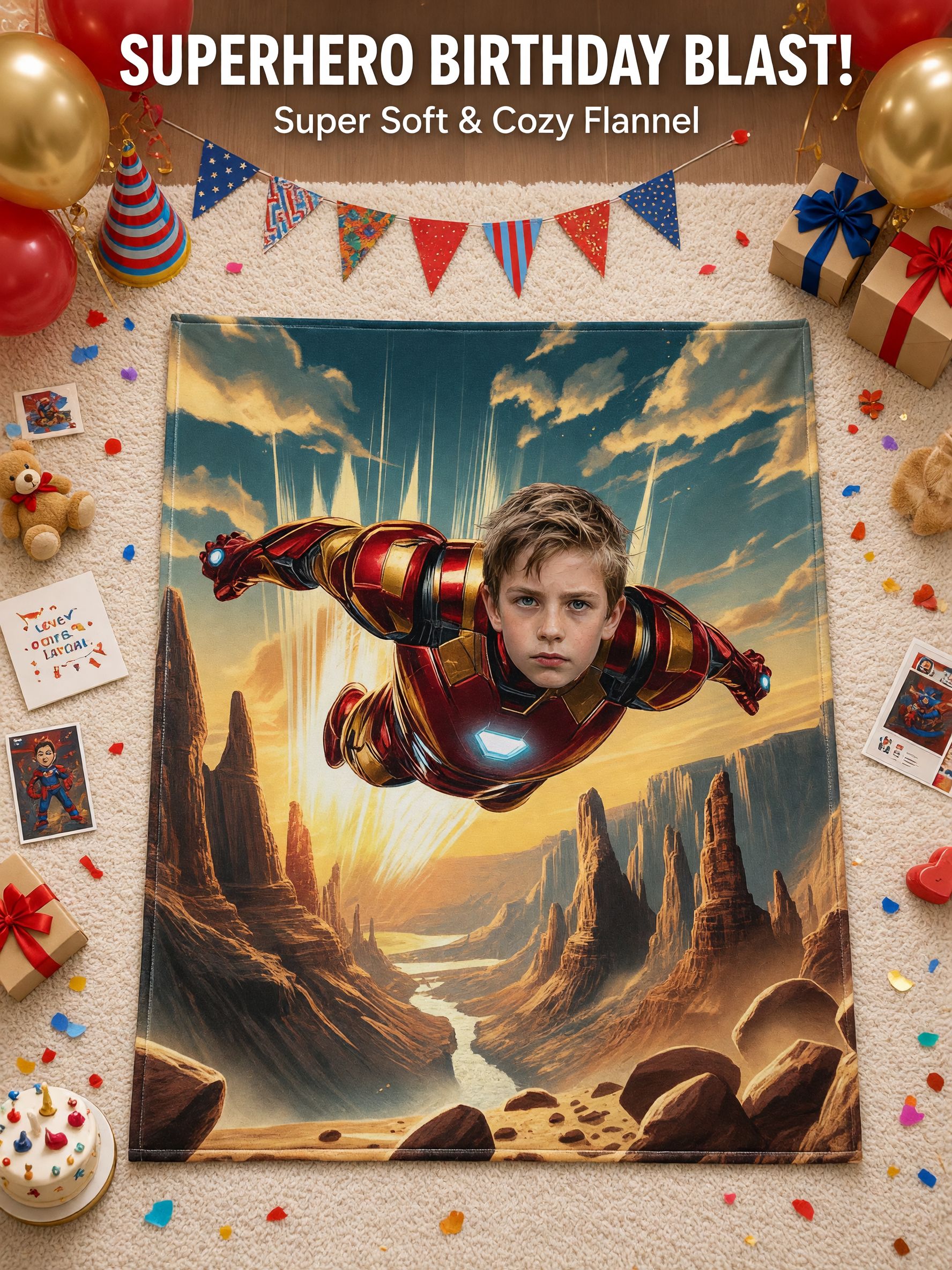Personalized Superhero Face Photo Flannel Blanket Custom Armored Flying Hero Throw for Kids Couch Bed