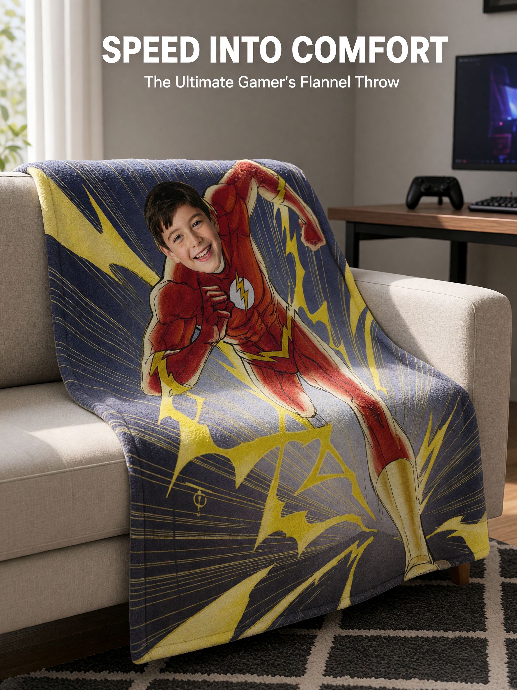 Custom Superhero Photo Blanket Ultra Soft Flannel Throw Fleece Personalized Face Bedding for Kids Ideal Gift