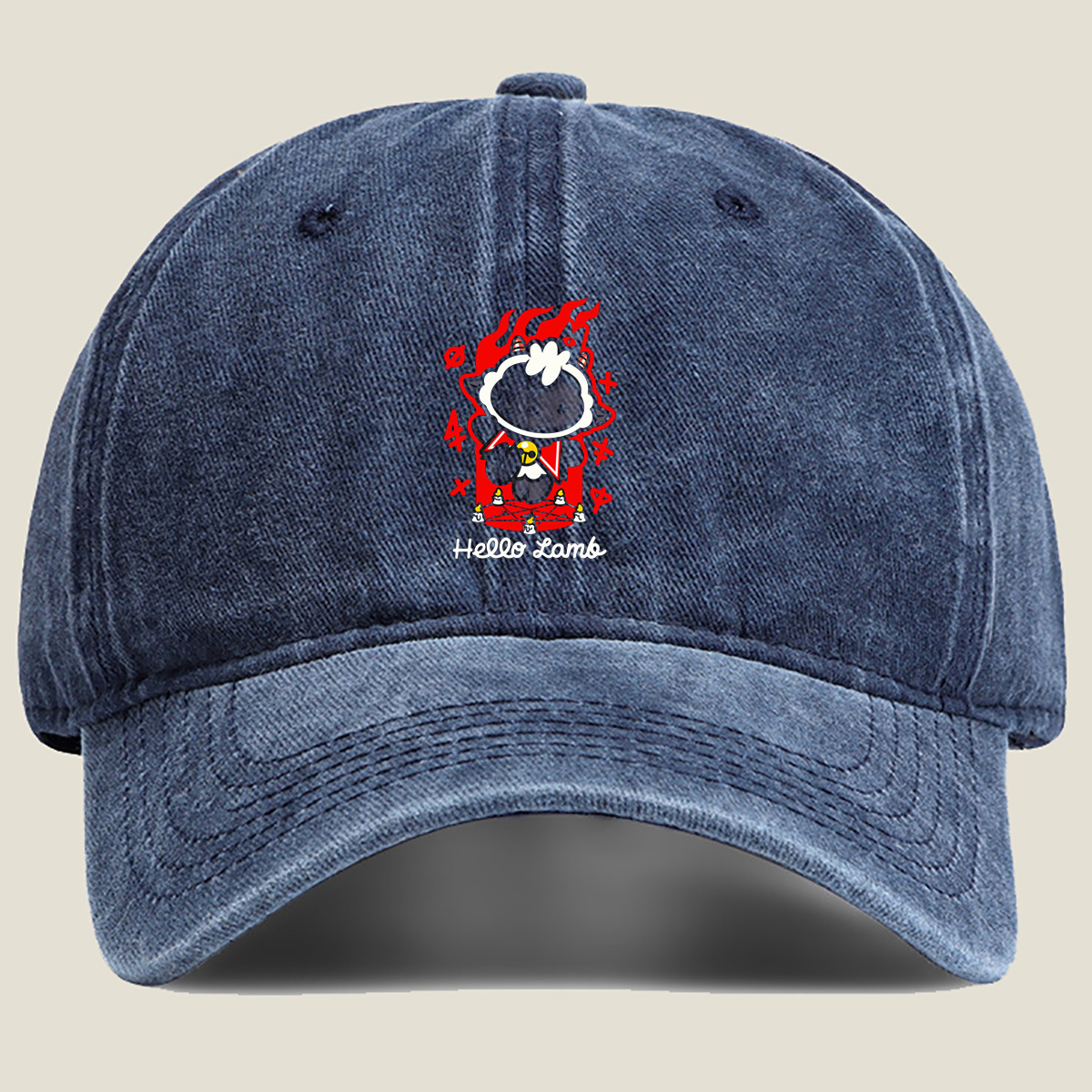 Hello Lamb: Dark Sheep with Flames and Ritual Symbols - Washed Denim - Baseball Cap
