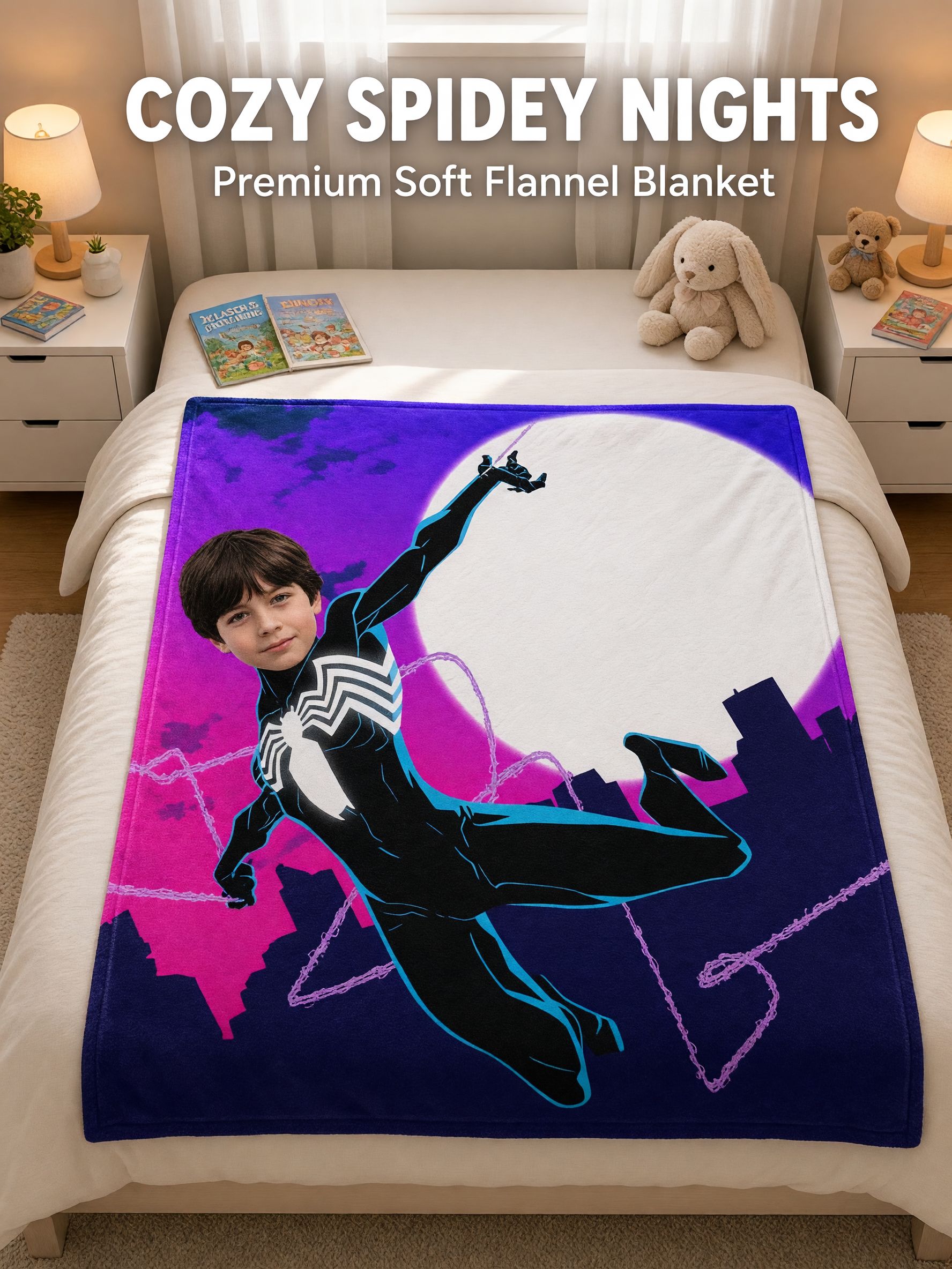 Custom Face Superhero Flannel Blanket, Personalized Photo Comic Night City Velvet Fleece Throw, Ideal Customized Gift