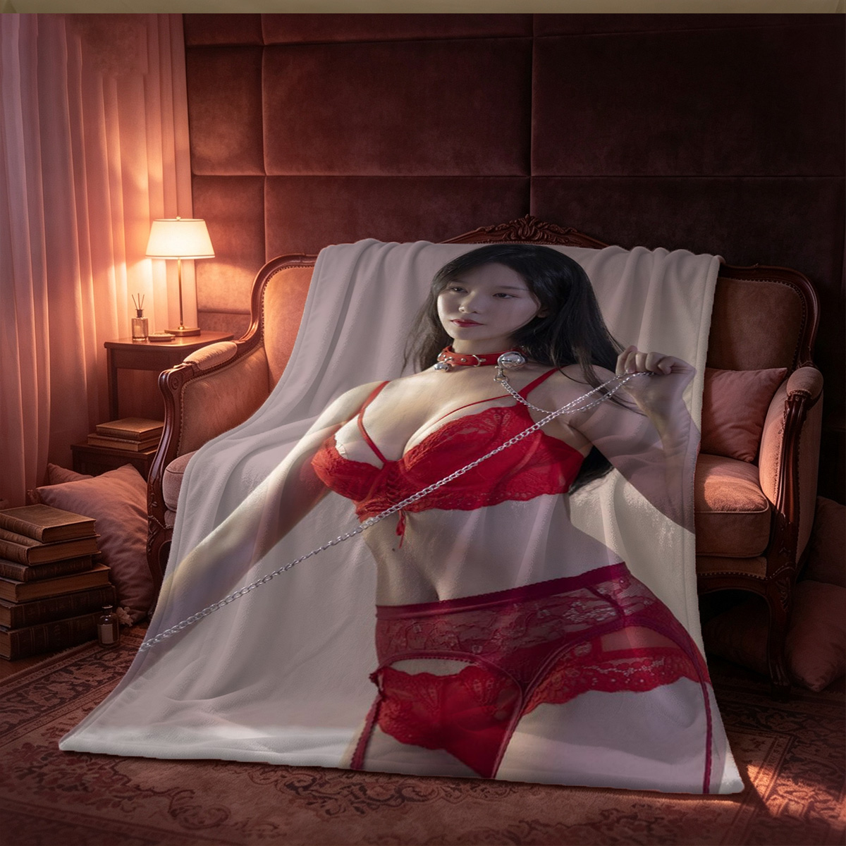 Pink Lingerie Bunny Girl in Ornate Mirror Boudoir - Blanket