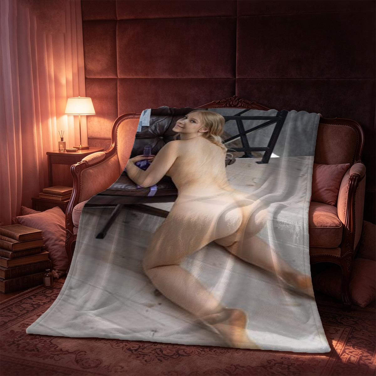 White T-shirt Lift by Beautiful Asian Model in Beige Thong - Blanket