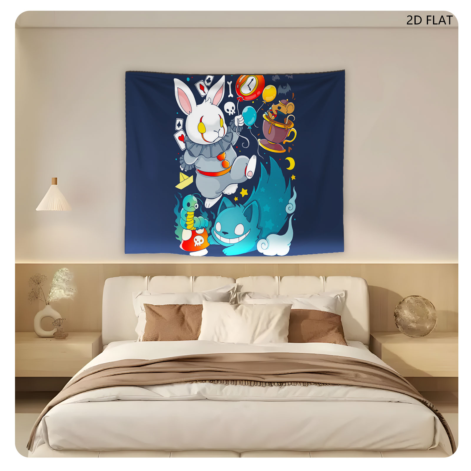 Alice in Wonderland Characters: White Rabbit, Cheshire Cat, Mad Hatter, and Caterpillar in Whimsical Scene - Tapestry