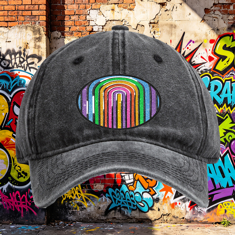 Unisex Classic Washed Cap with Glitter Rainbow Arc Patch Design – Perfect for Casual Outings, Music Festivals, and Everyday Wear – Ideal for Young Adults and Trend-Loving Individuals