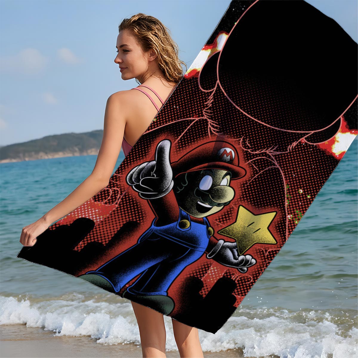 Mario Holds Star Against Shadowy Figure in Fiery Sky - Beach towels