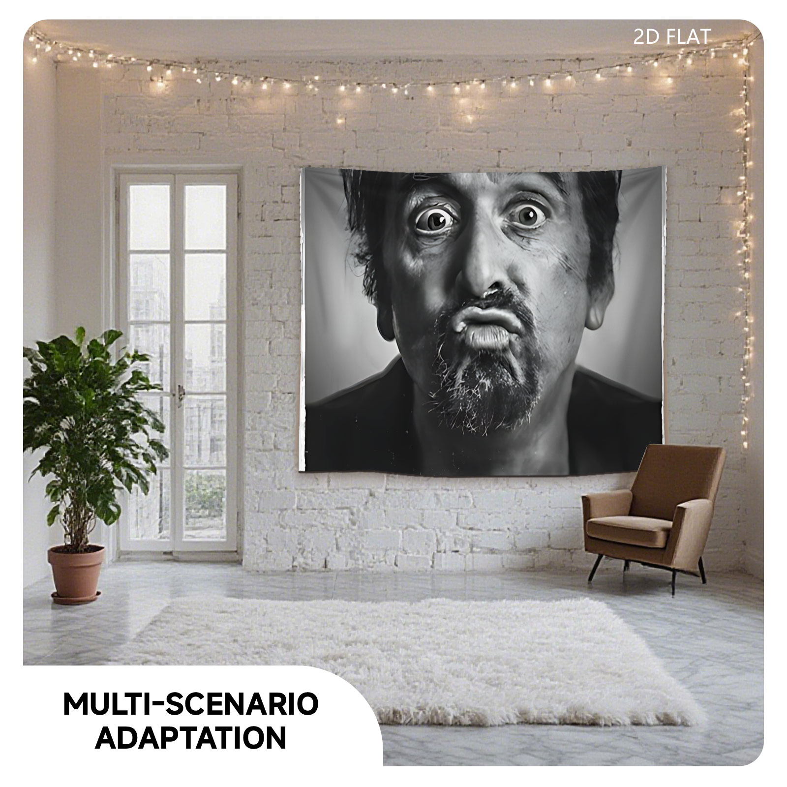 Al Pacino in a dramatic black-and-white portrait, displaying an intense expression with wide eyes and a furrowed brow. - Tapestry