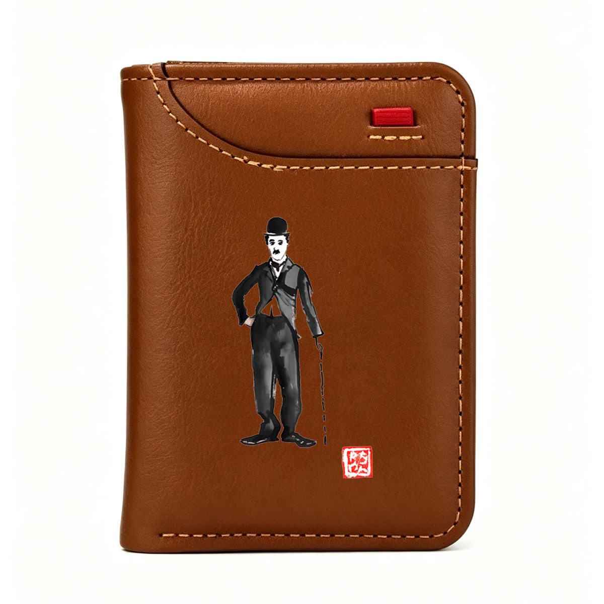 Charlie Chaplin in Classic Costume with Cane and Bowler Hat - Vertical Style Wallet