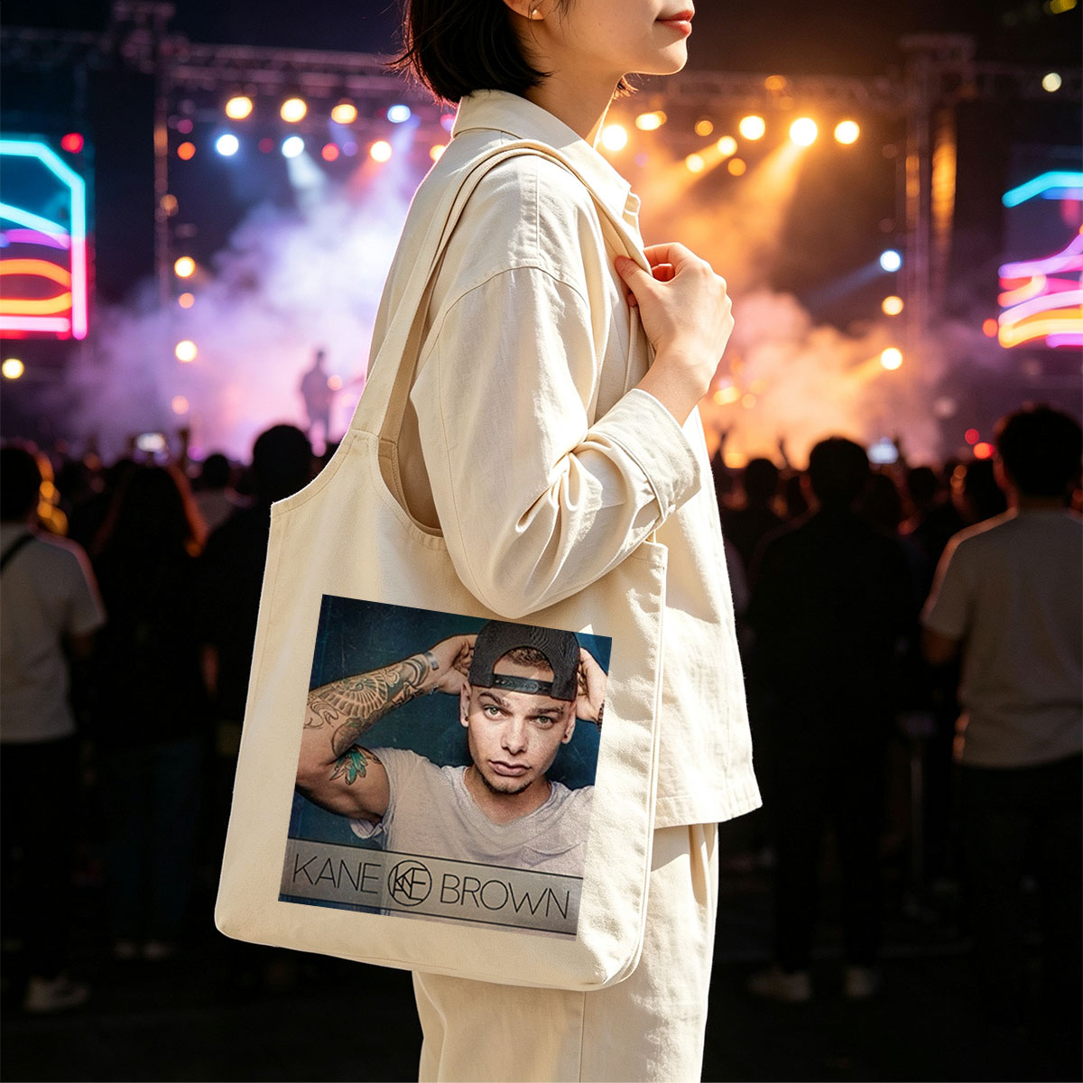 Kane Brown in a Casual Pose with Tattooed Arm and Cap on Dark Background - Canvas shoulder bags/