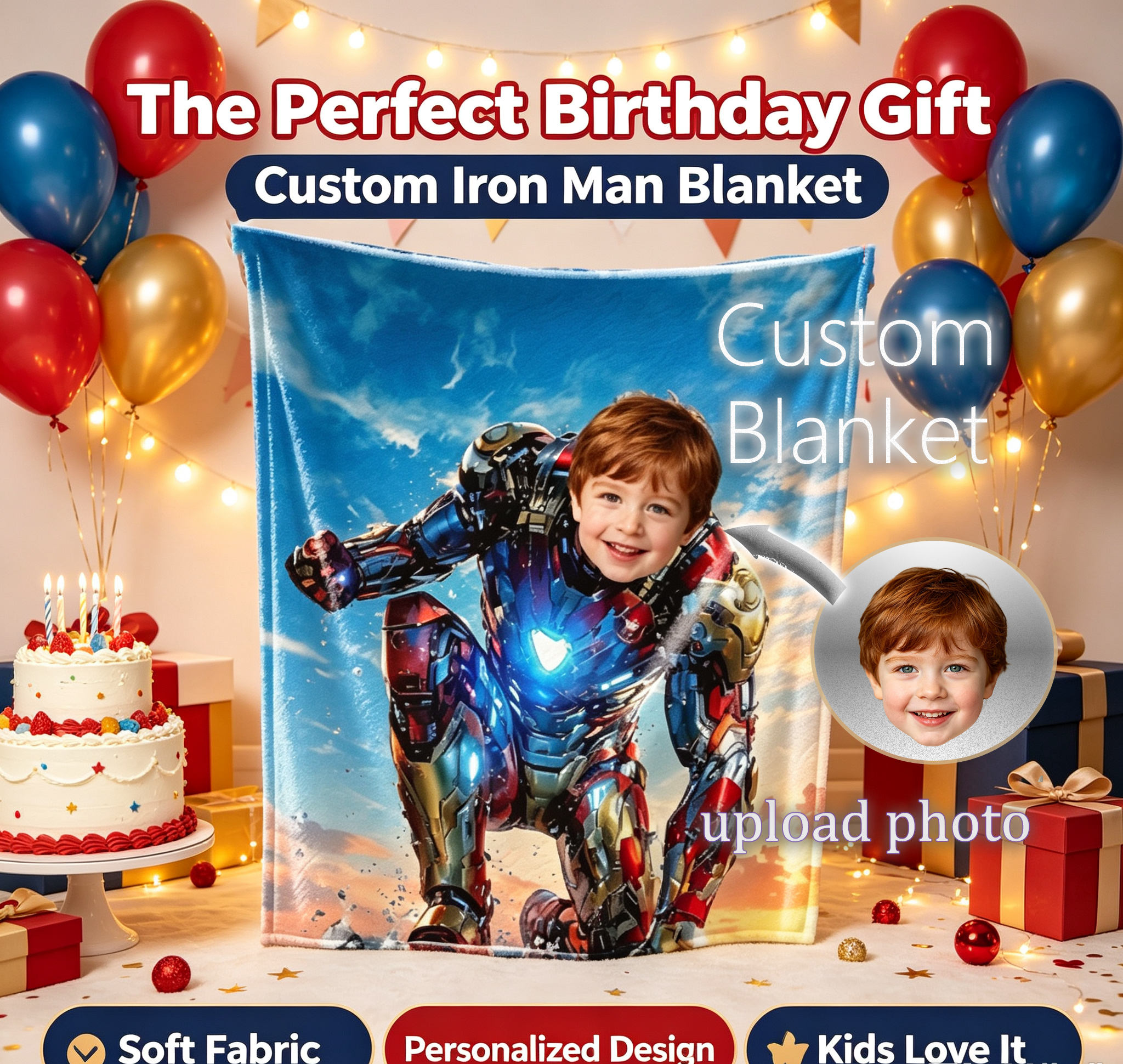 Customized Superhero Iron Man Flannel Throw Blanket With Kid Photo, Personalized Upload Picture Blanket, Birthday Xmas Present for Little Boys Bedroom Sofa Travel