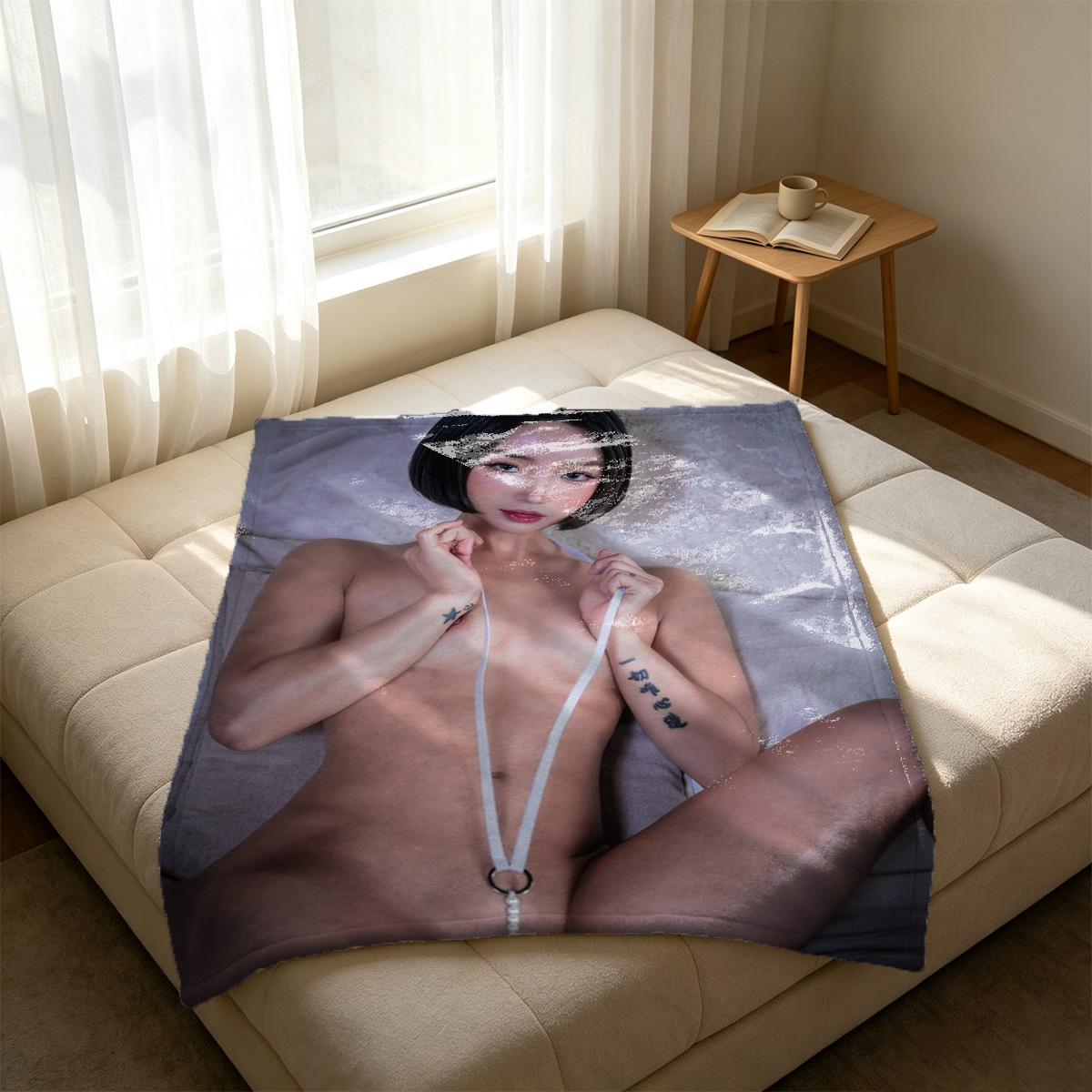 Nude Blonde in Squatting Pose on Chair - Blanket