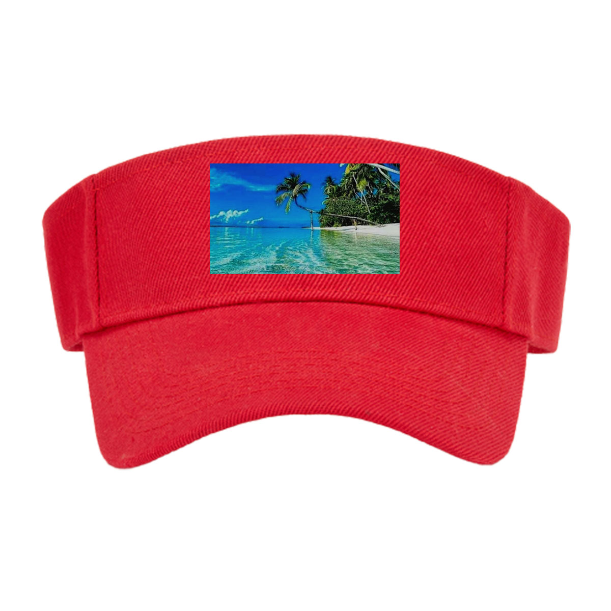 Crystal clear waters and swaying palms on a tropical paradise island under a vibrant blue sky. -  Visor cap