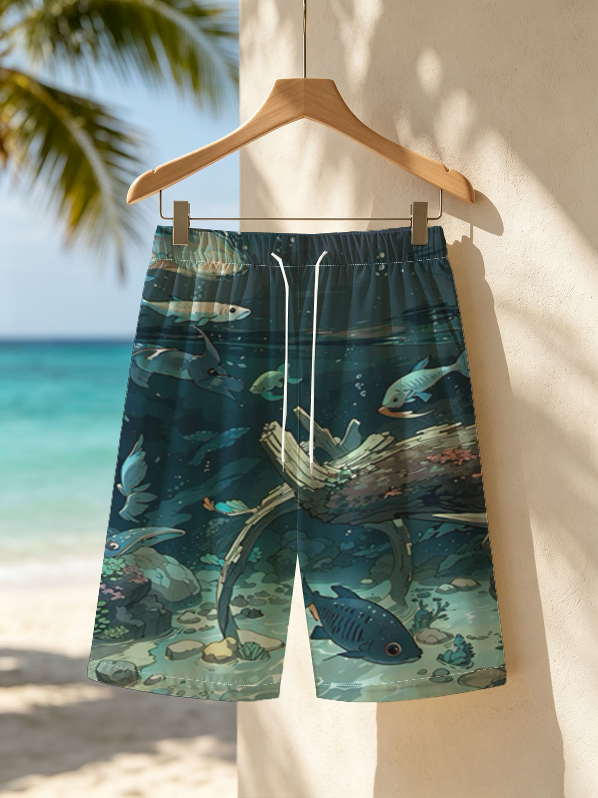 Underwater Scene with Fish and Sunken Log -  Beach shorts
