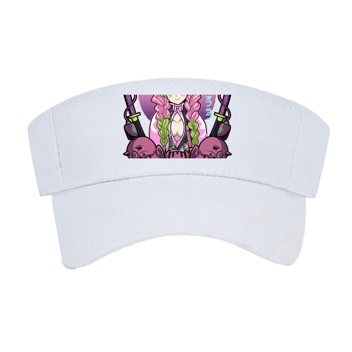Nezuko Kamado from Demon Slayer with Pink Hair and Green Eyes, Surrounded by Skulls and Swords -  Visor cap