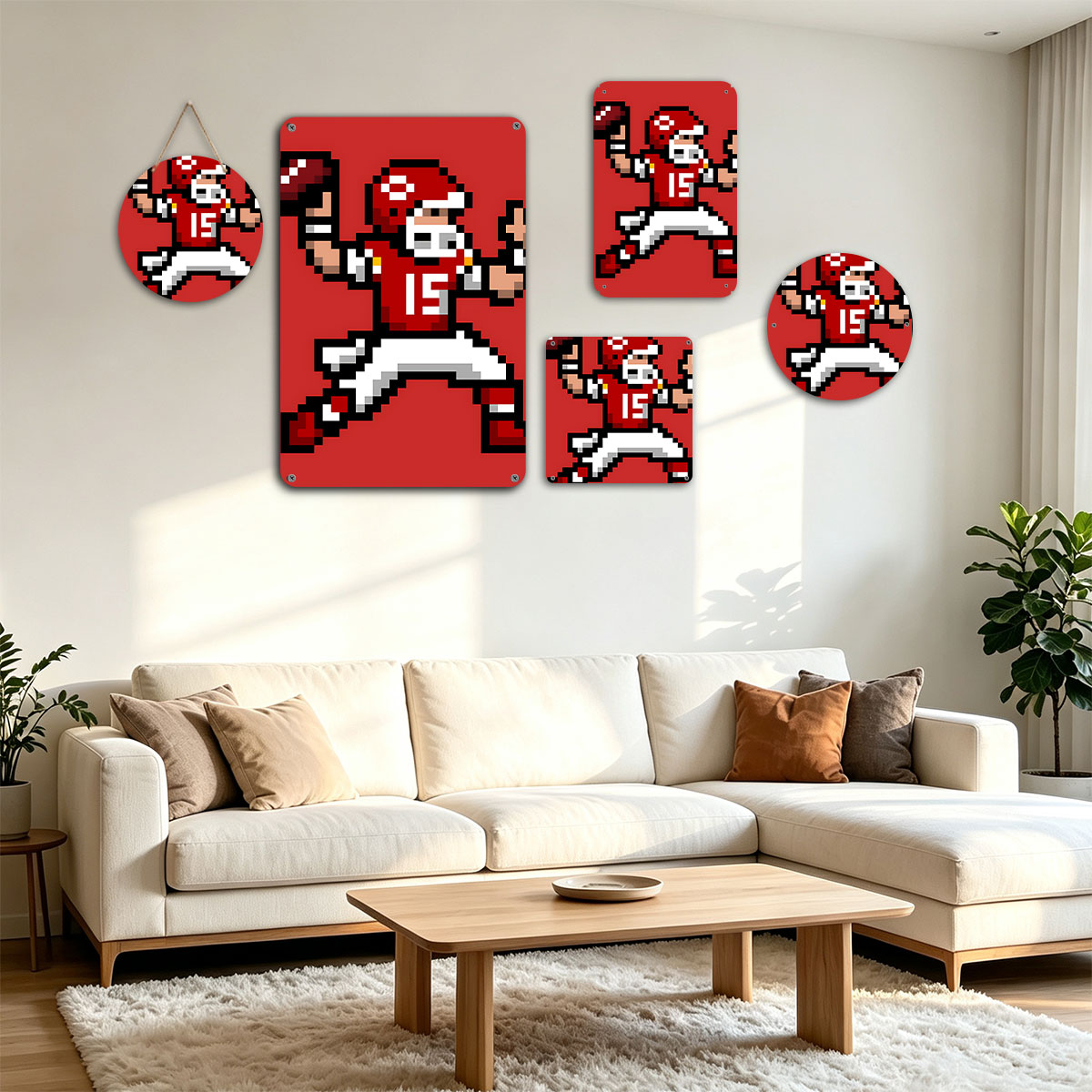 Pixel Football Player in Red Uniform, Number 15, Celebrating with Ball - painting
