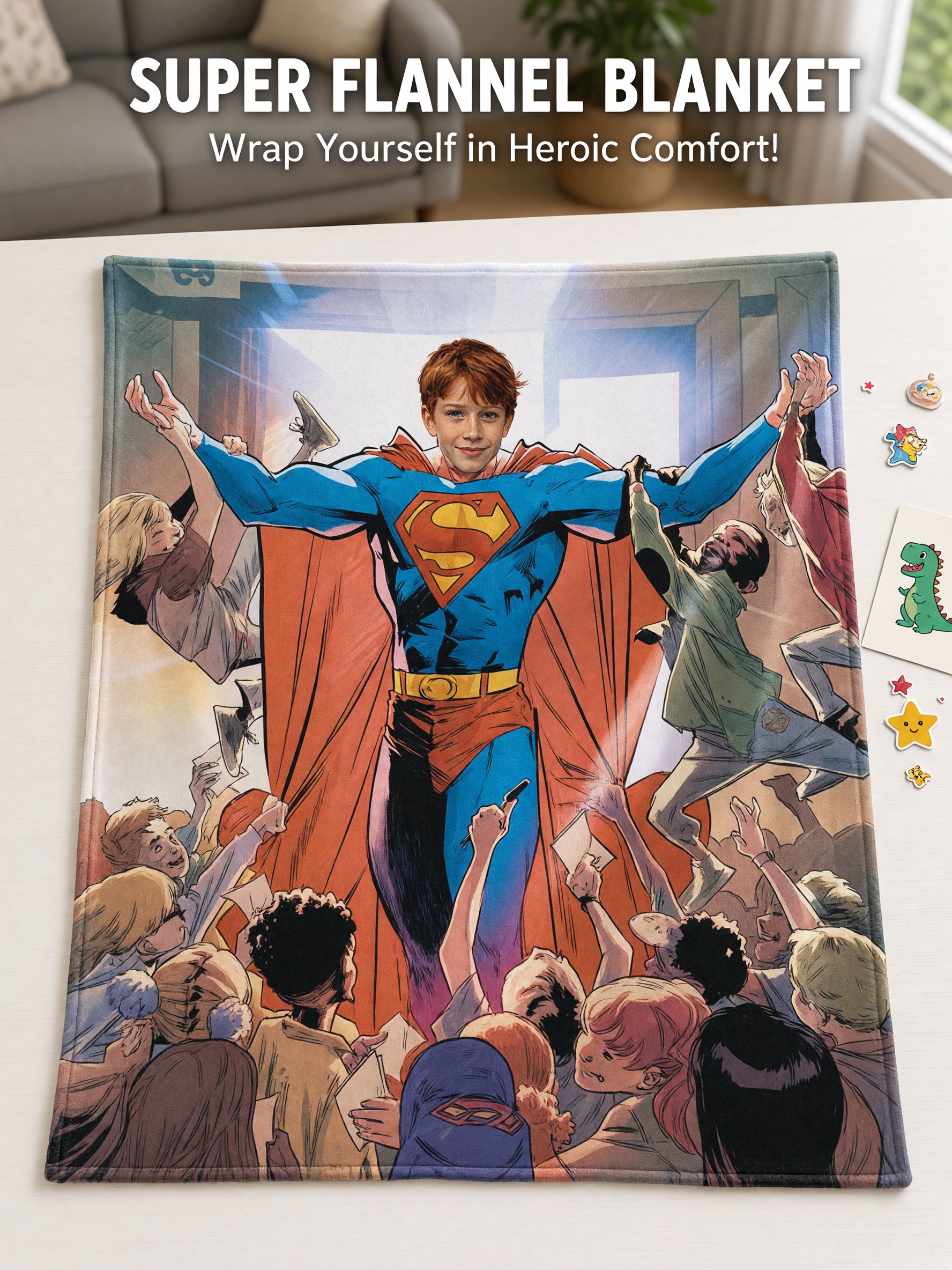 Custom Photo Face Superhero Blanket Soft Velvet Flannel Throw Personalized Comic Keepsake Gift for Kids and Adults